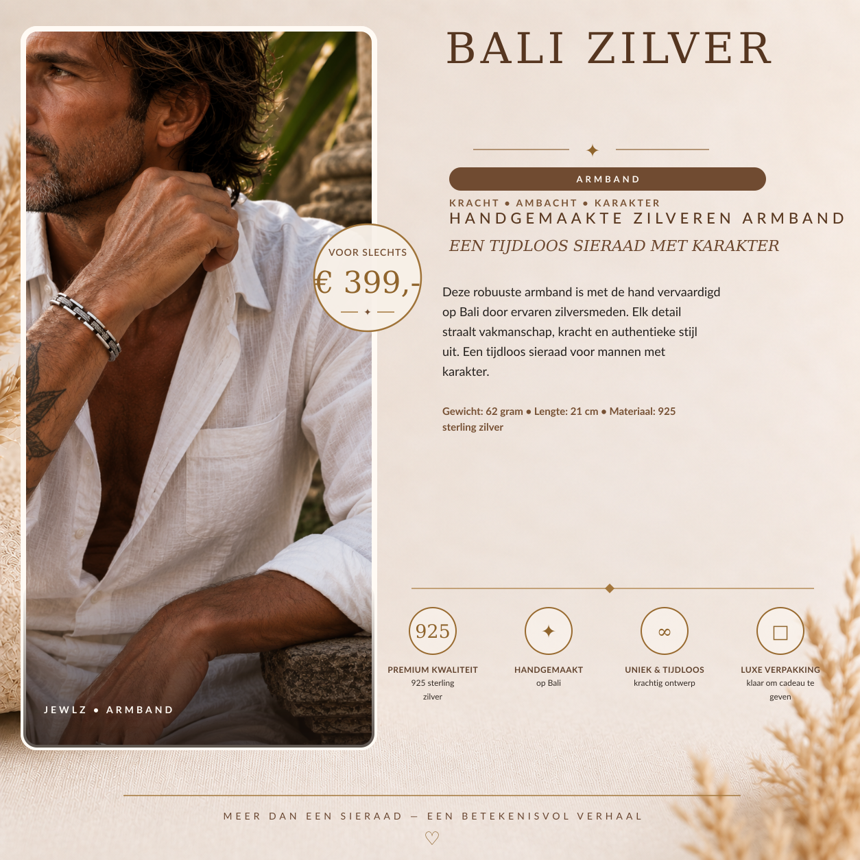 Handgemaakte Bali armband met rechthoekige schakels
