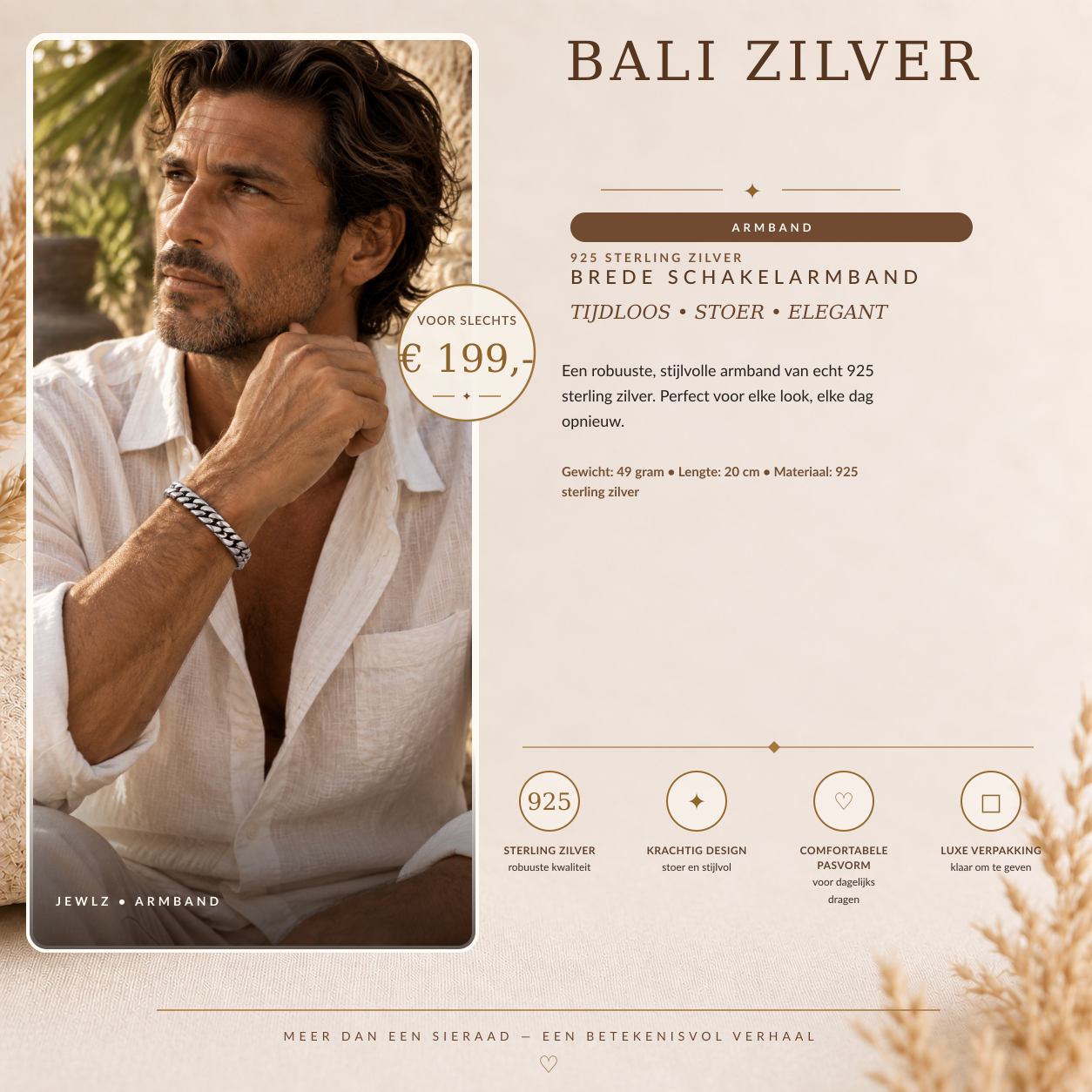 Zware Cuban armband: collectiekaart met draagfoto, tekst, specificaties en prijs