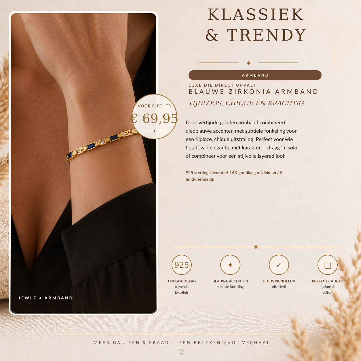 Vergulde armband met blauwe stenen