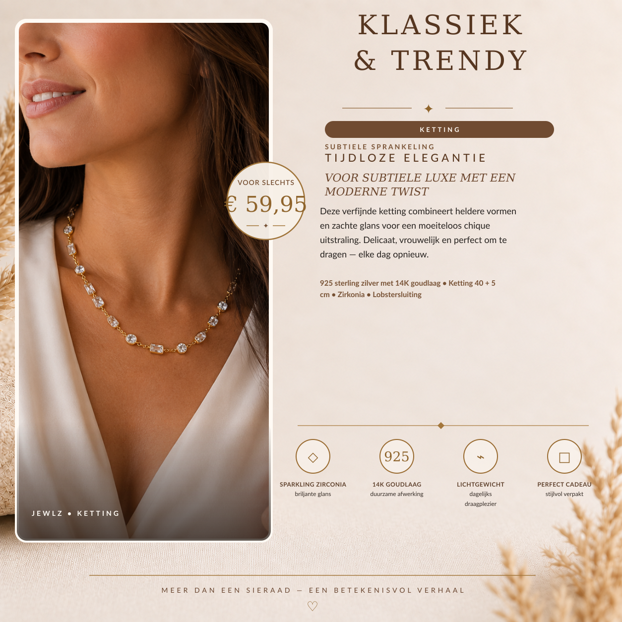 Tijdloze elegantie: collectiekaart met productfoto, tekst, specificaties en prijs