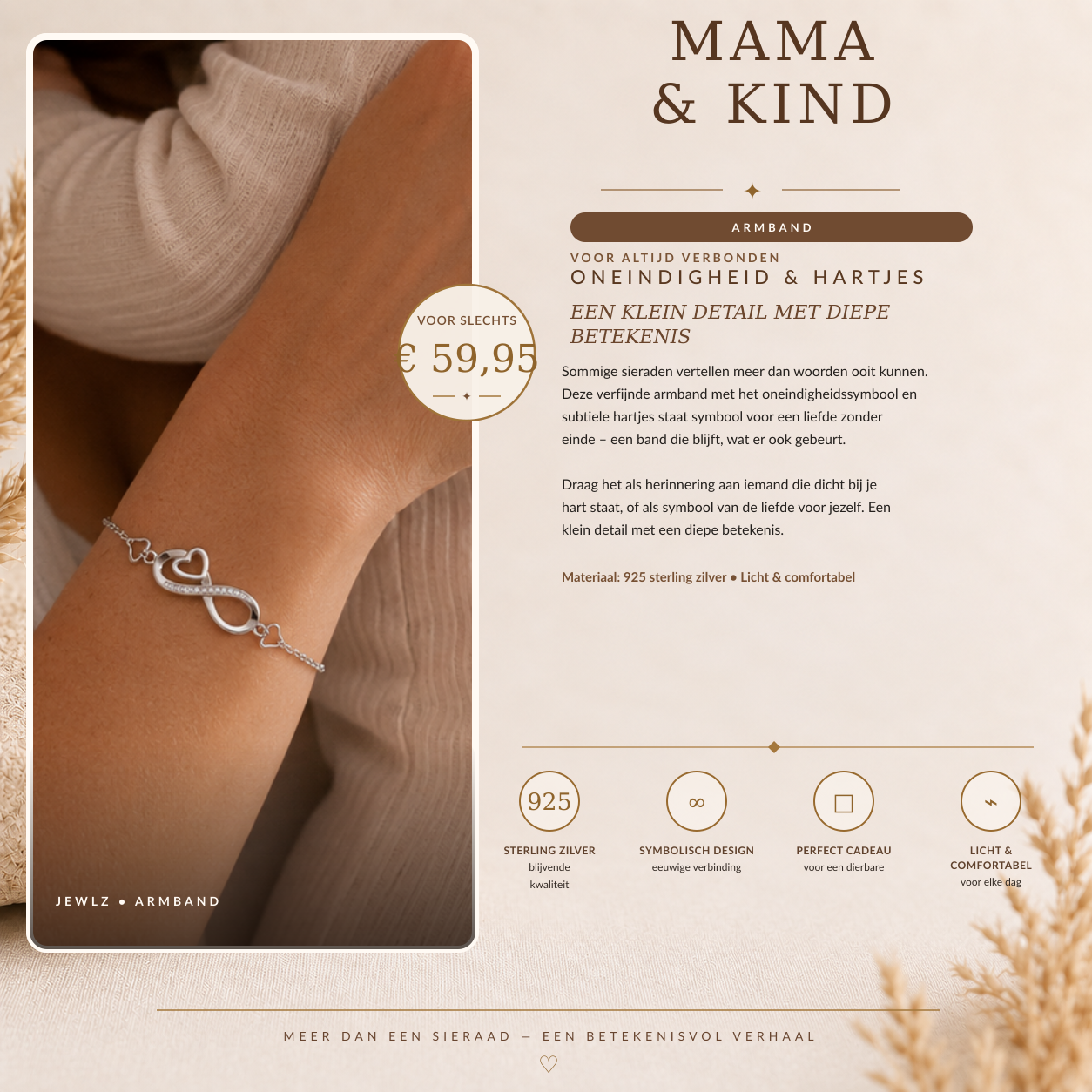 Oneindigheid & hartjes: collectiekaart met productfoto, tekst, specificaties en prijs
